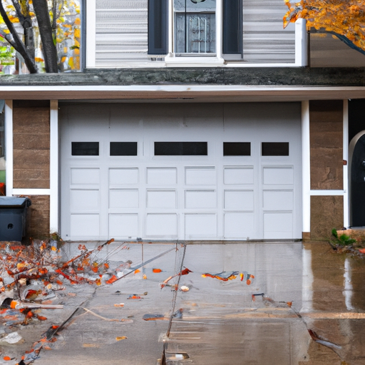 Residential sectional garage door in Maplewood, NJ with visible seals and threshold on a wet driveway in autumn.
