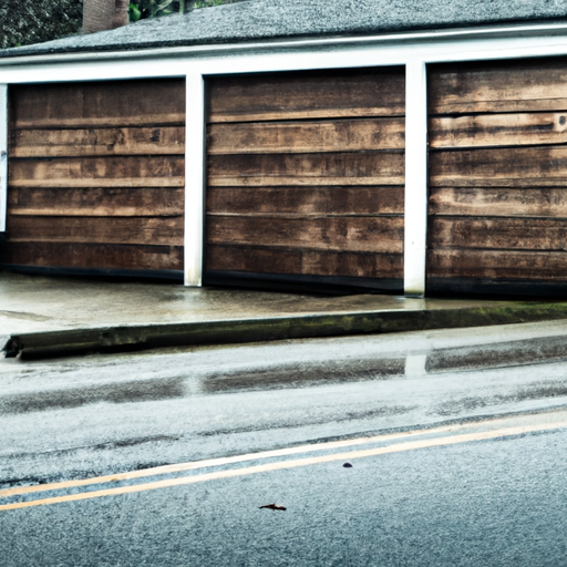 Suburban Maplewood driveway with a closed garage door, tracks and rollers visible, post-rain light.