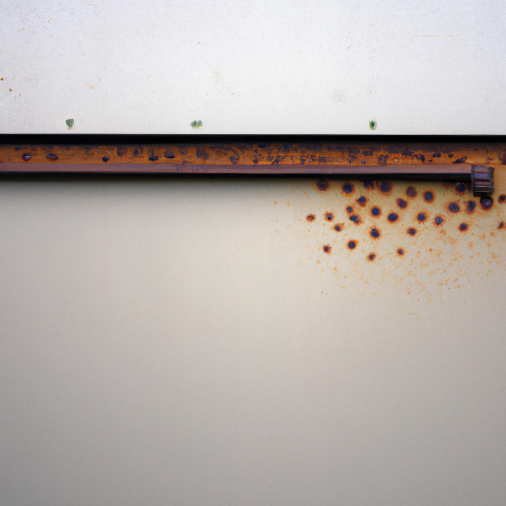Close-up of a corroded garage door panel being sanded and primed for repair