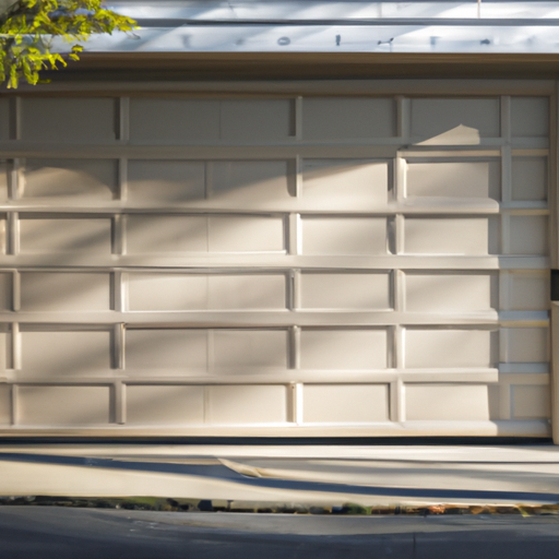 Suburban Maplewood home with a modern closed garage door at dawn, showing door panels and weatherstripping.