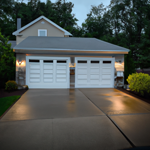 Suburban Maplewood driveway at dusk with a modern sectional garage door slightly open, wet pavement and soft streetlight reflections.