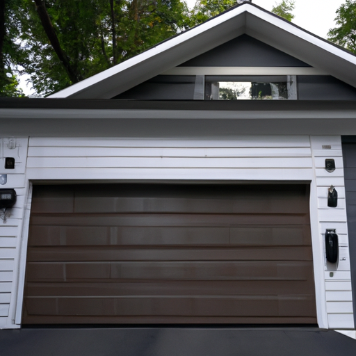 Suburban Maplewood driveway with a visible garage door and ceiling-mounted smart opener, no people.