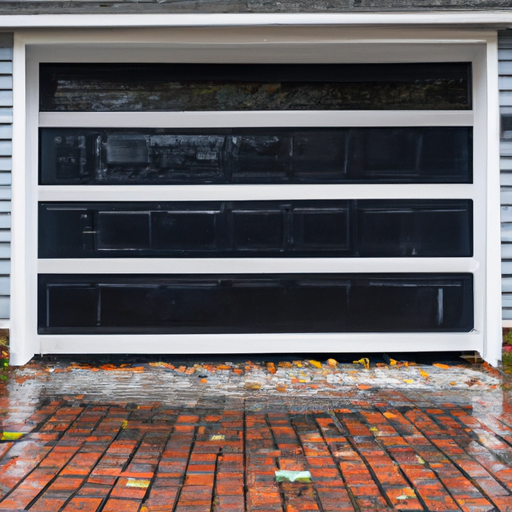Suburban Maplewood house with a sectional garage door and visible weather seal at the threshold on a damp day.