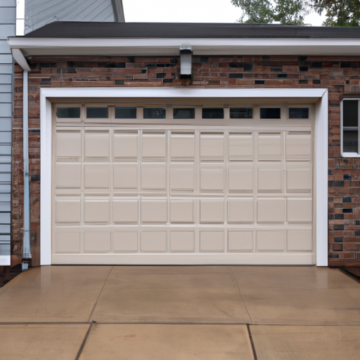 Suburban Maplewood driveway with a visible painted steel garage door on a brick house, overcast light, no people.