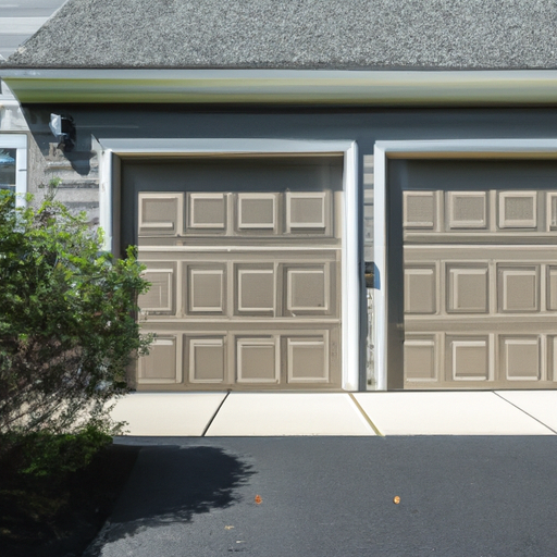 Suburban Maplewood driveway with a modern insulated steel garage door and trimmed landscaping under soft morning light.