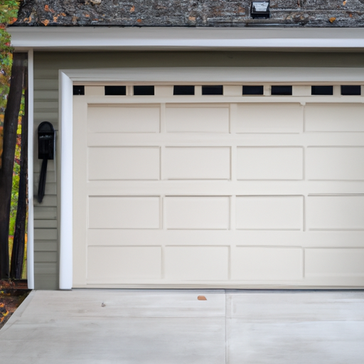 Suburban Maplewood home with modern garage door and smart keypad on a cloudy day, no people.