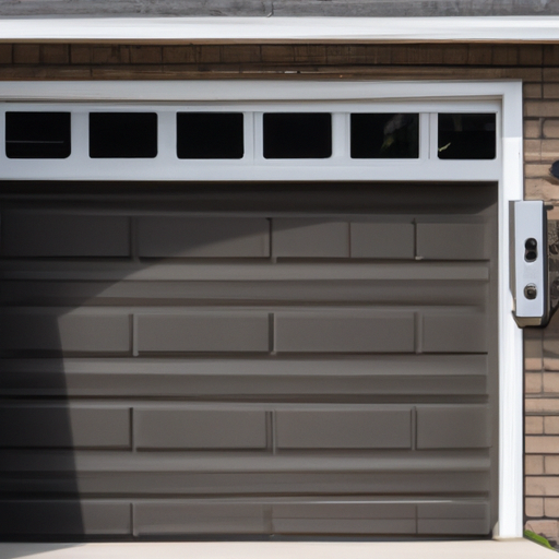 Suburban Maplewood garage with modern sectional door and visible smart keypad, daytime exterior shot.
