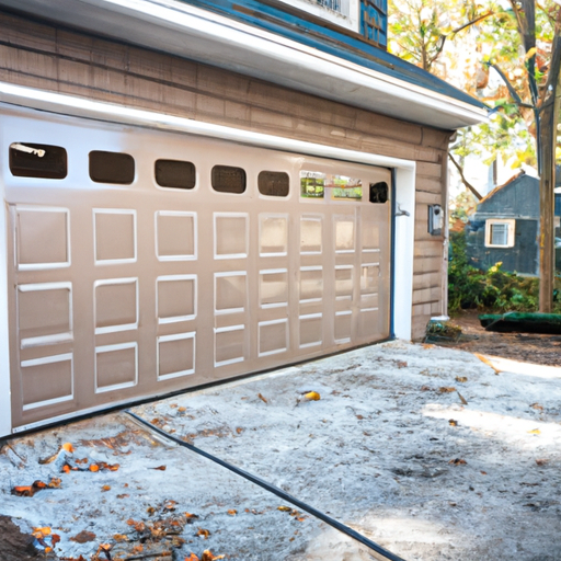 Suburban Maplewood home with modern garage door slightly open during routine maintenance, focus on door panels and opener.