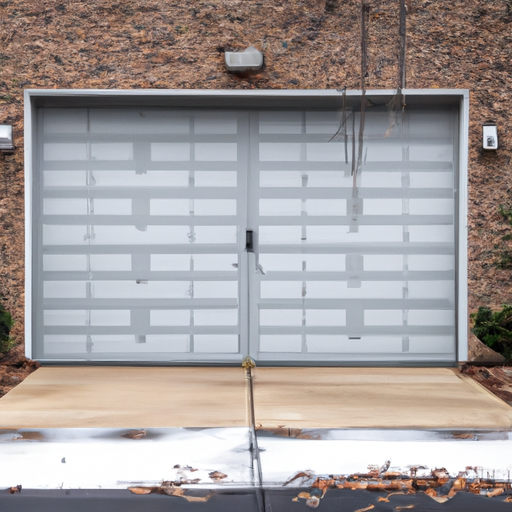 Exterior view of a Maplewood house showing a painted steel garage door with weather seals and a brick facade, light snow on the driveway.