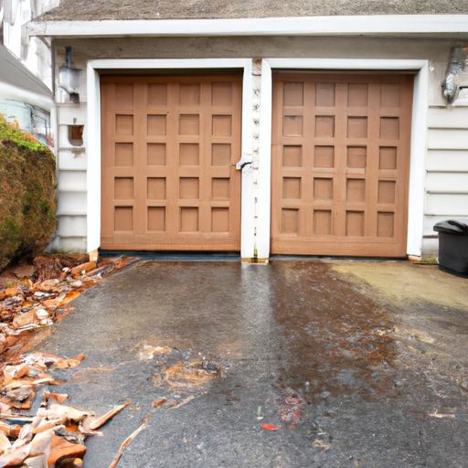 Suburban Maplewood home garage door with visible seals and threshold on a wet autumn day.