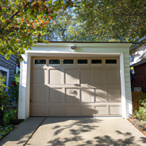 Editorial-style image of a residential garage door in a Maplewood, NJ neighborhood with autumn foliage and visible door panels.