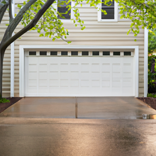 Sectional garage door on a suburban Maplewood, NJ home, slightly open with a clean driveway and maple tree.