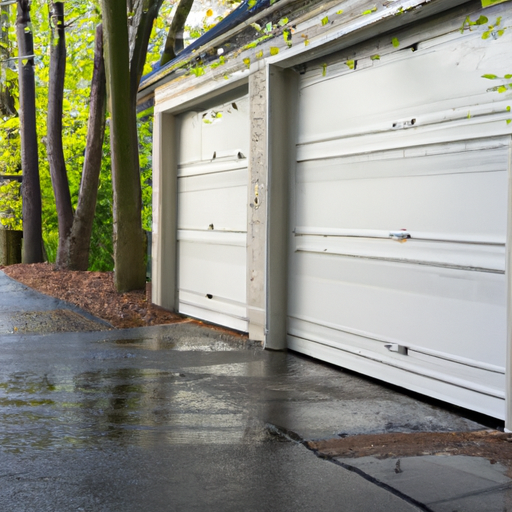 Modern steel garage door slightly ajar on a Maplewood, NJ suburban driveway after rain, with maple trees in background.