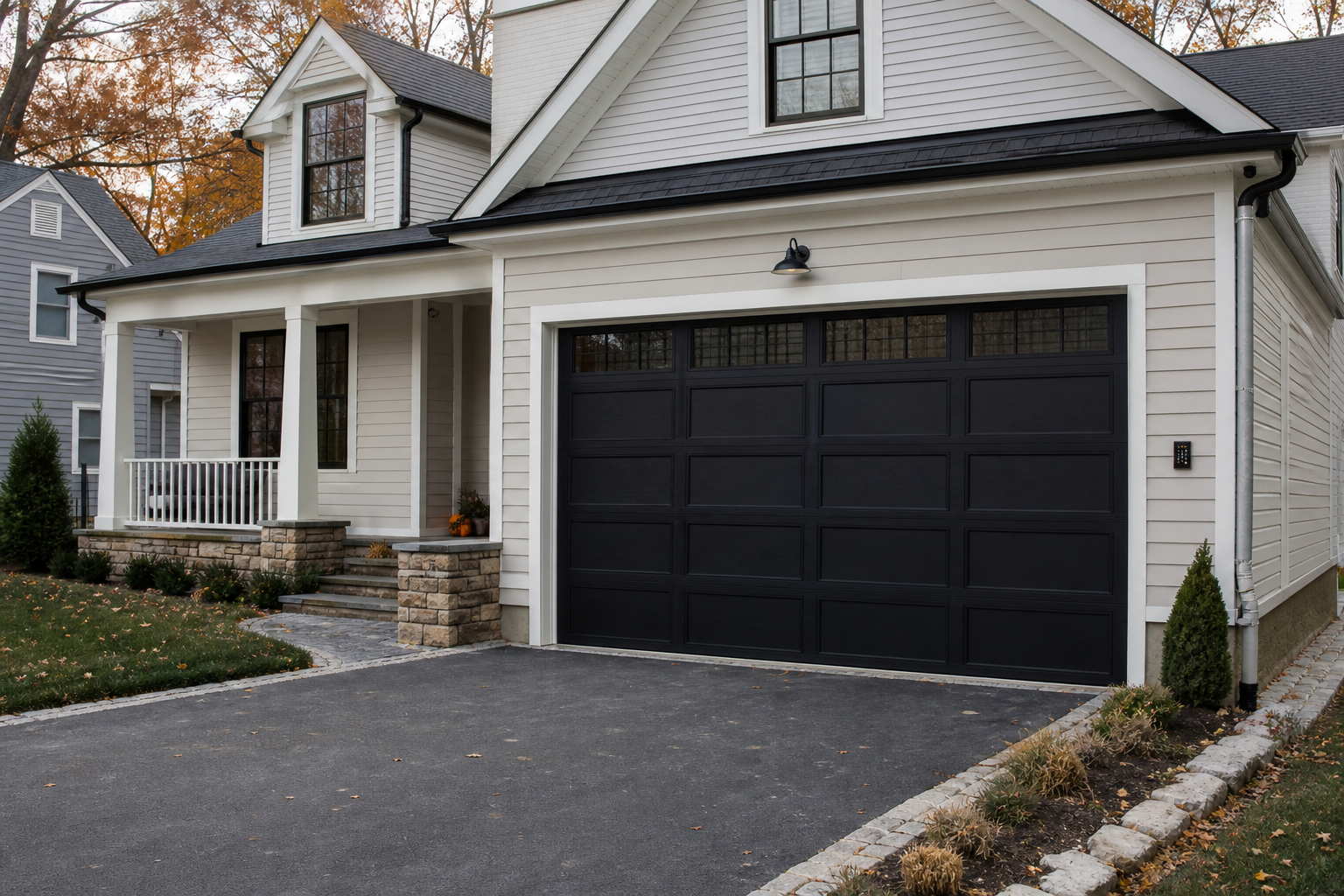 Suburban Maplewood garage door with smart home keypad beside the entry in daylight